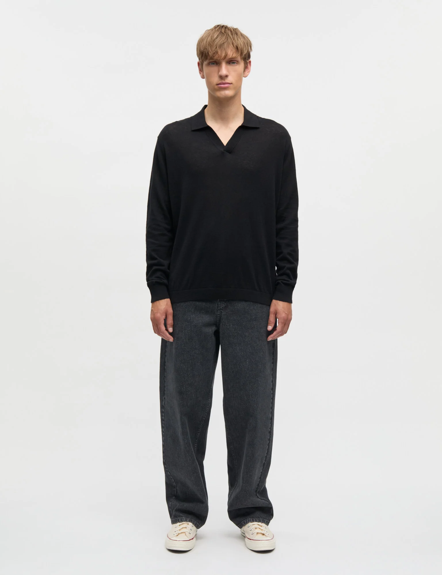 Cotton Lino Theo Polo LS Knit, Black - Image 2