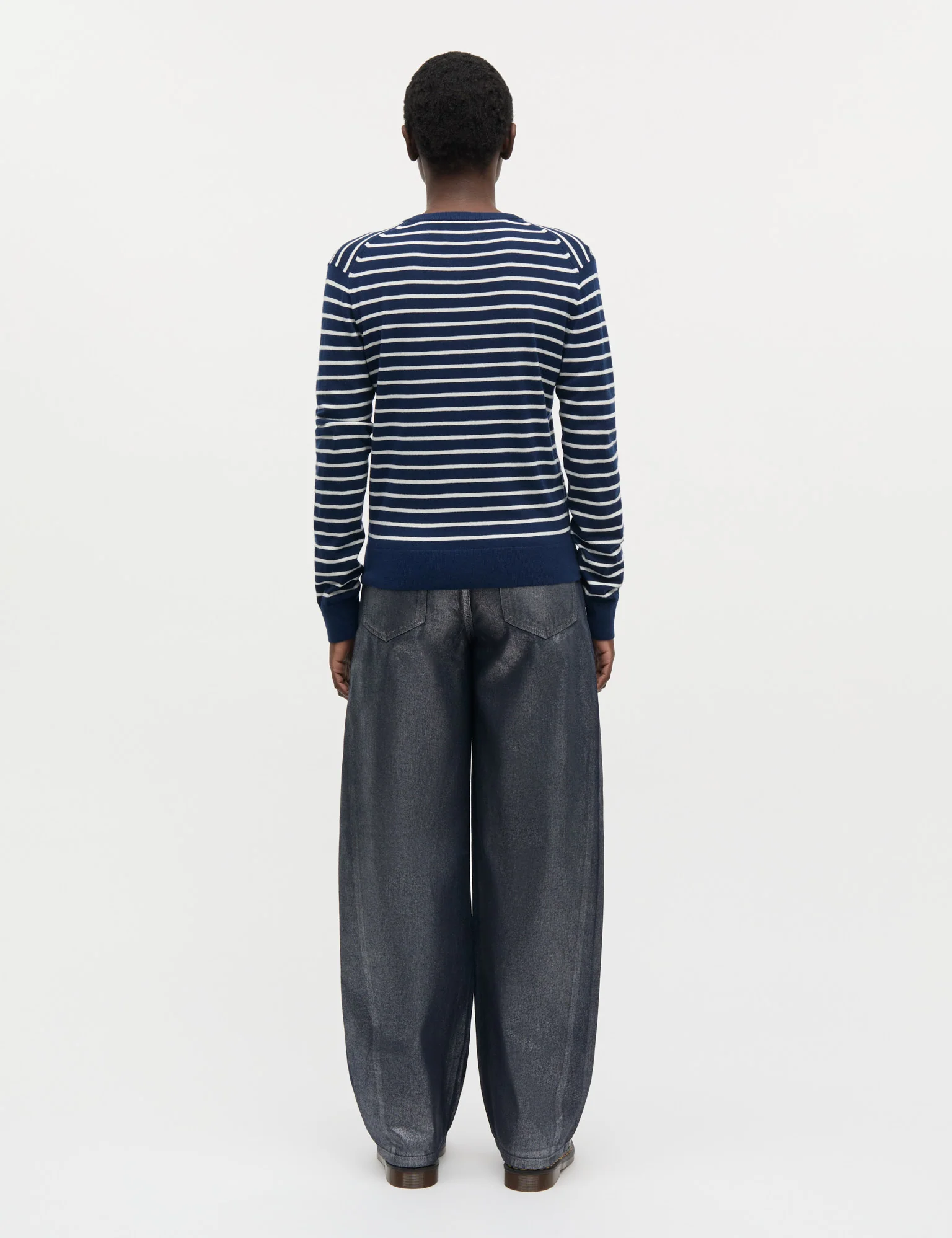 Fine Merino Charlot Stripe Cardigan, Parisian Night/Vanilla Ice - Image 4