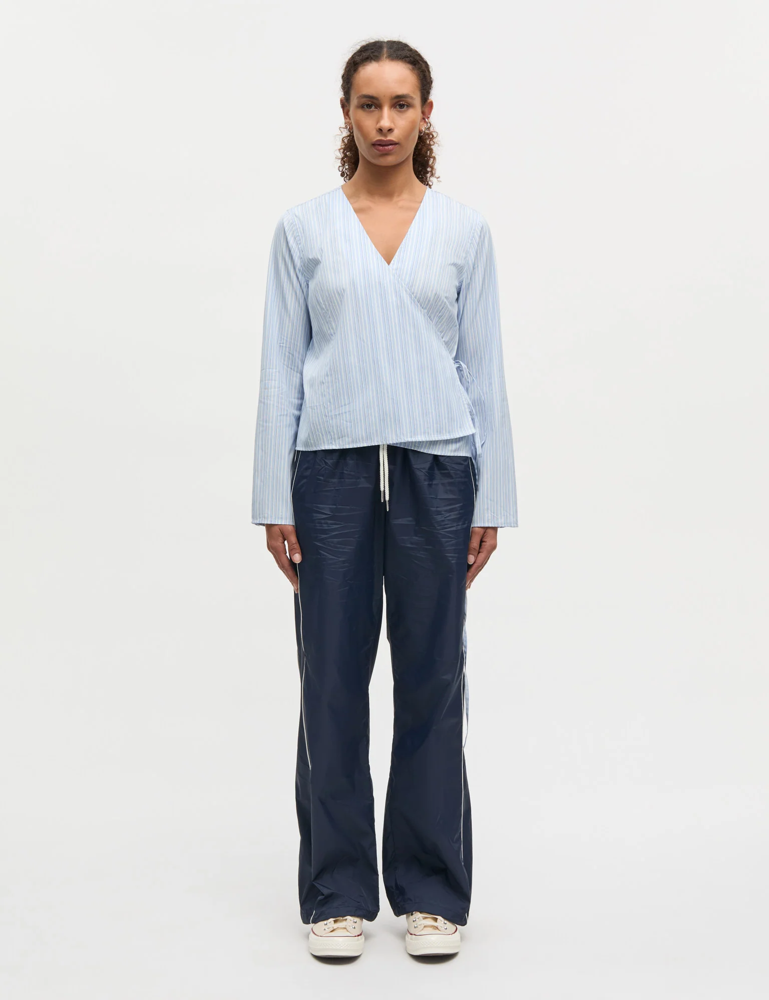 Mia Poplin Pam Wrap Top, Pinstripe/Provence - Image 2