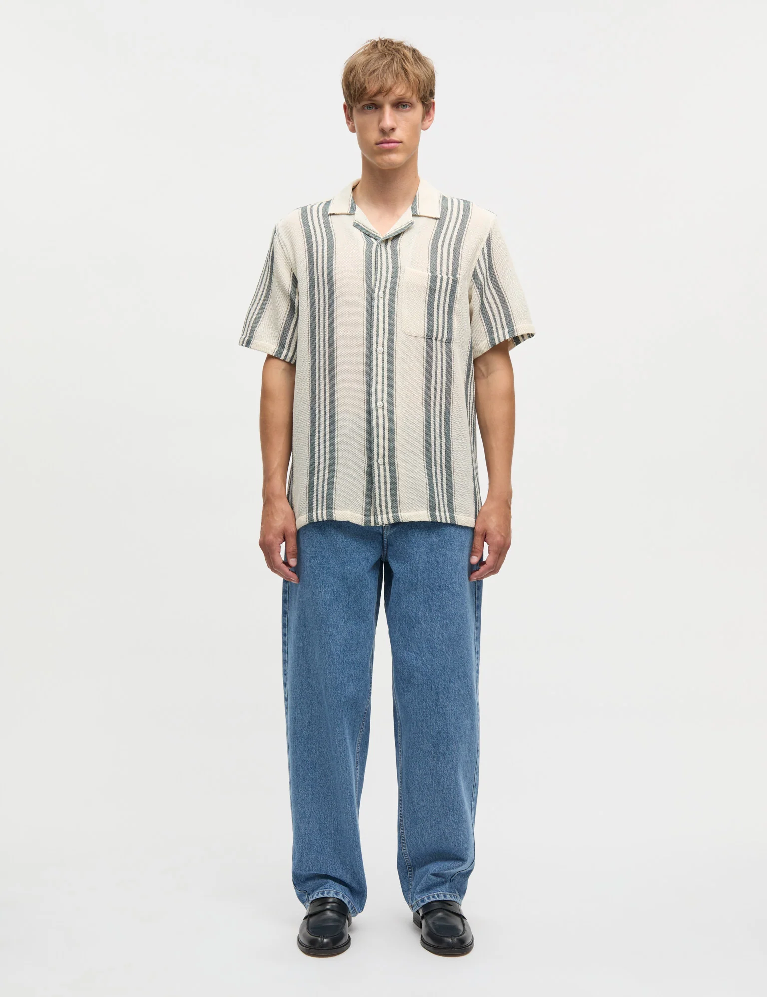 Weave Mesh Kenji  Shirt SS, Vanilla Ice/Deep Sea Stripe - Image 2